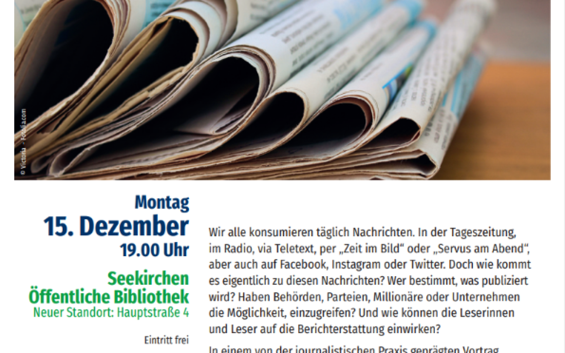 Flyer "Mythos Lügenpresse", Bild von Zeitungen und Beschreibung der Veranstaltung