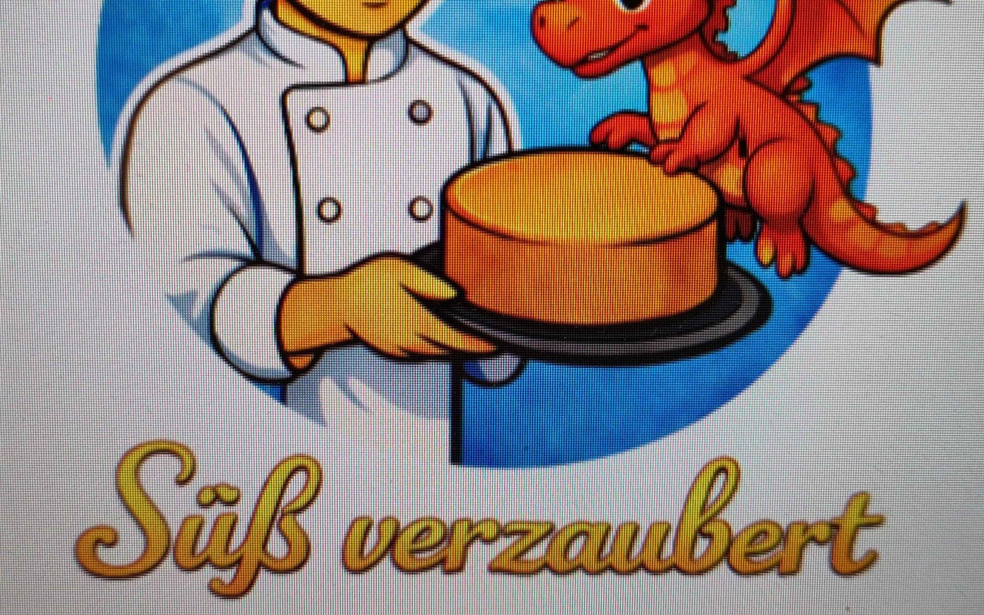 Bäcker mit Torte und einem kleinen roten Drachen