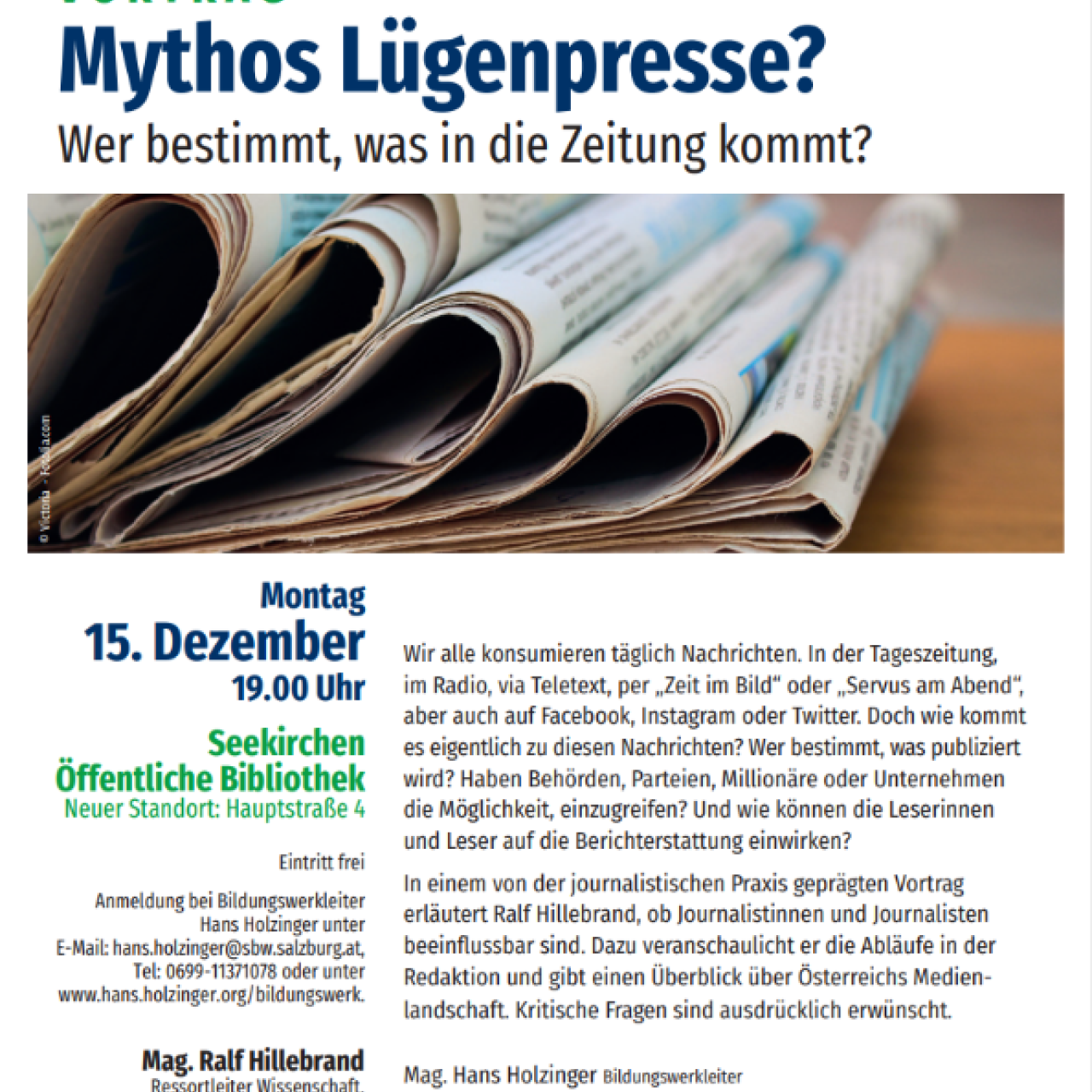 Flyer "Mythos Lügenpresse", Bild von Zeitungen und Beschreibung der Veranstaltung