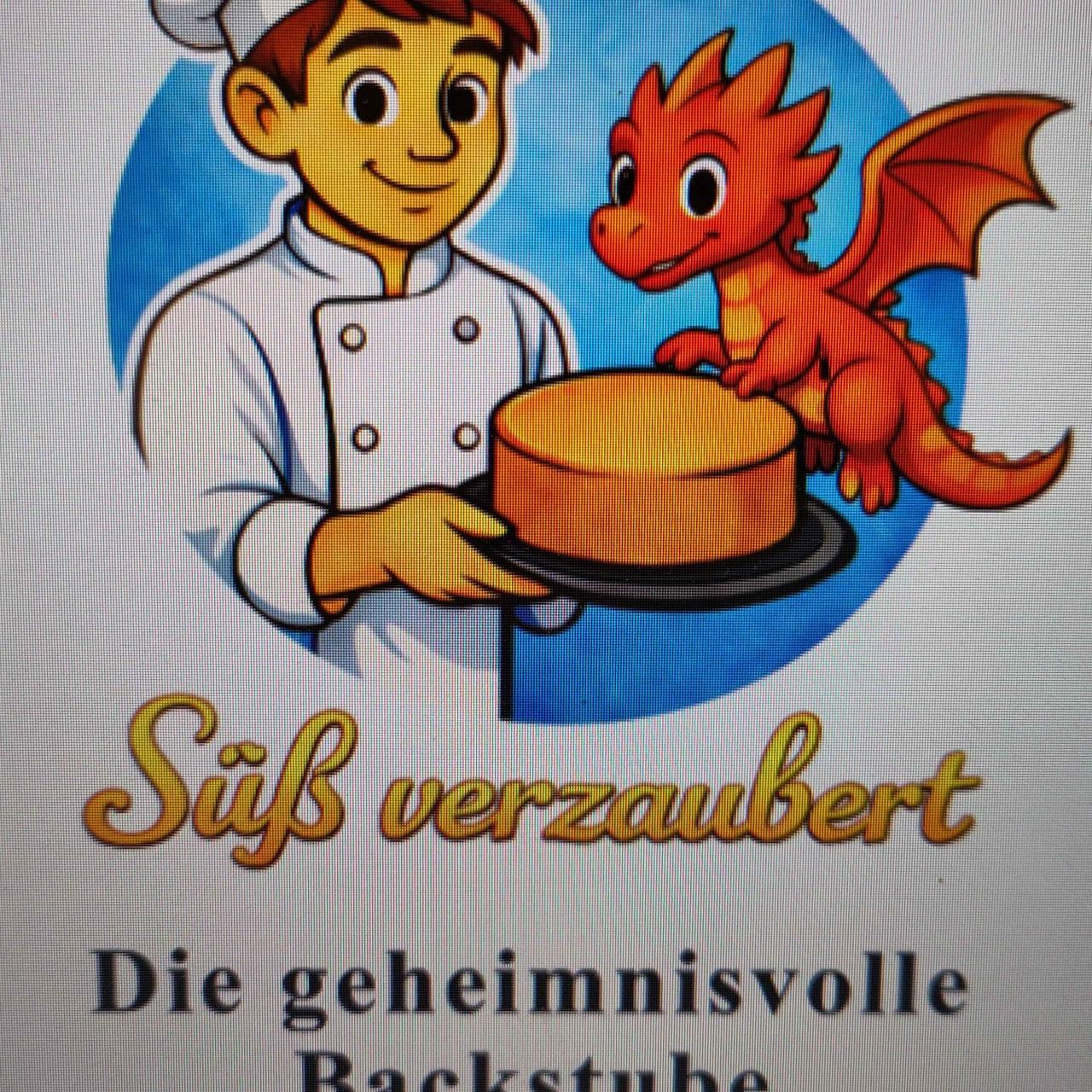 Bäcker mit Torte und einem kleinen roten Drachen
